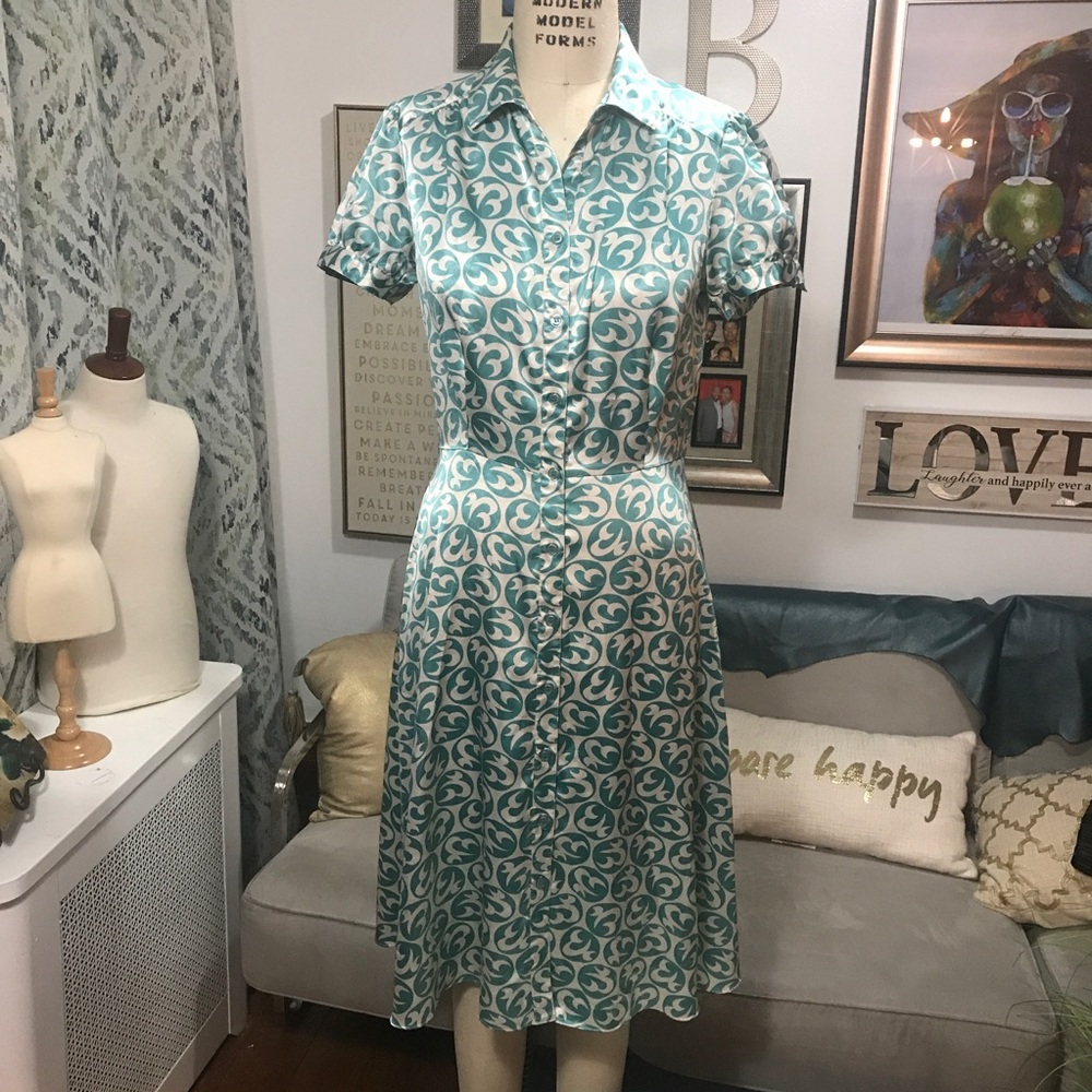 JG Hook Button Down Midi Dress Sz 10 Teal Vintage Retro Dainty Coquette Prairie